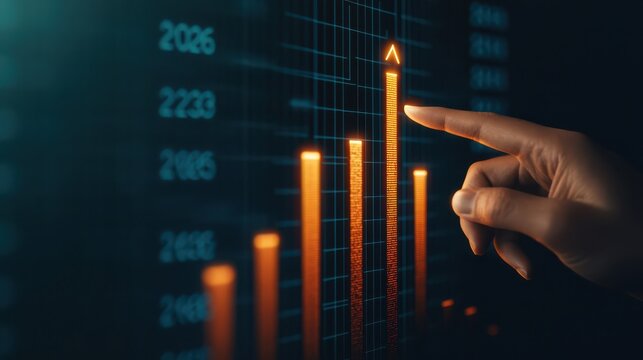 A hand points to an upward trend on a digital graph, symbolizing growth or success in data analysis and financial metrics. - Powered by Adobe