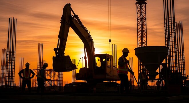 Dynamic construction site at sunset with silhouette of workers and heavy equipment promising growth and development - Powered by Adobe