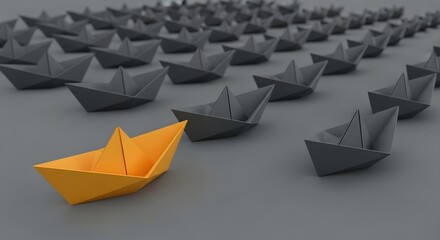 Bold yellow paper boat leads the way among neutral boats, symbolizing innovative leadership and strategic direction