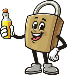 Cartoon mascot of a padlock holding lubricating oil