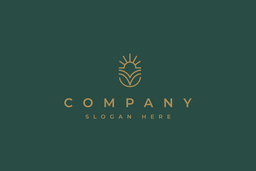 Sunrise Logo Icon Badge with Natural Leaves in Simple and Creative Abstract Sign Symbol. for plantation, agriculture, animal husbandry and anything related to nature