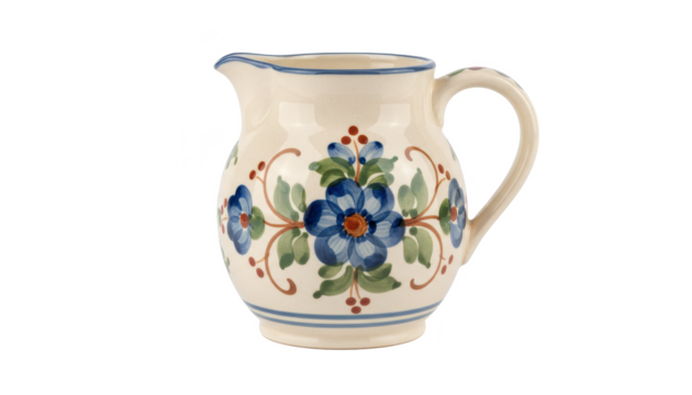 Ceramic Pitcher With Floral Design on White Background - Powered by Adobe