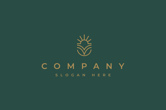Sunrise Logo Icon Badge with Natural Leaves in Simple and Creative Abstract Sign Symbol. for plantation, agriculture, animal husbandry and anything related to nature