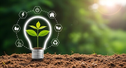 Innovative green energy concept showcases sustainability with plant growing inside lightbulb, promoting eco awareness and earth friendly solutions