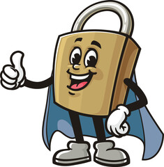 Cartoon mascot of a padlock in superhero style