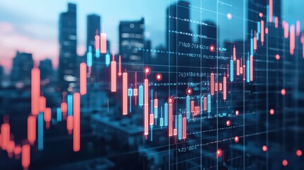 A digital stock market chart displays fluctuating prices against a city skyline at dusk, highlighting financial trends and analytics.