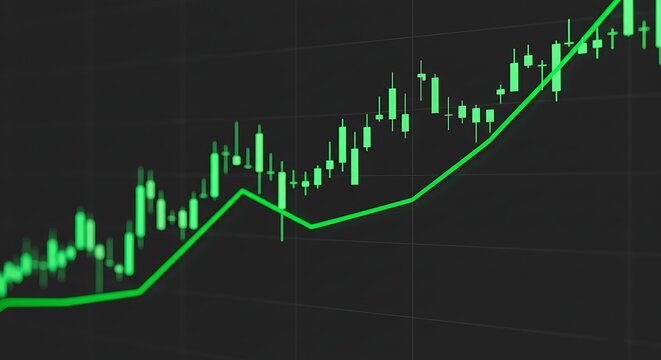 Financial chart depicting rising values and trends, with green lines and a dark background
