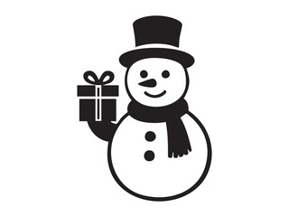 Black silhouette of snowman holding gift box, wearing hat and scarf, isolated on white background. concept of winter, christmas, new year, holiday, icon, decoration, design element.