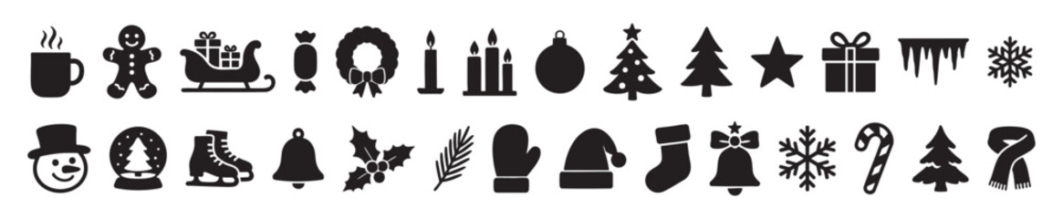 Black and white christmas and new year icons with festive symbols like gingerbread, sleigh, ornaments, and tree. concept of holiday, winter celebration, decoration, set, seasonal elements.