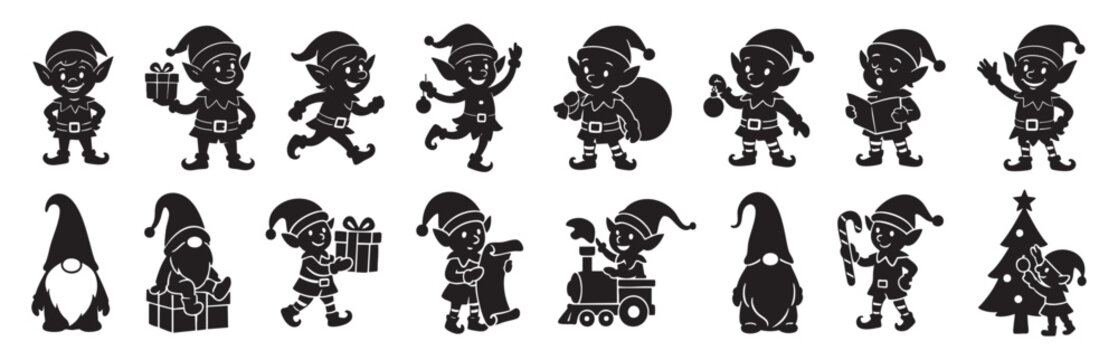 Black silhouette of cheerful christmas elves and gnomes with gifts, tree, and train, isolated on white background. concept of holiday, fantasy, celebration, festive decor, illustration.