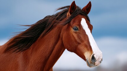 Fototapeta premium Brown horse with a white face is standing in a field. The horse has a long mane and tail, and its eyes are looking straight ahead. The scene is peaceful and serene