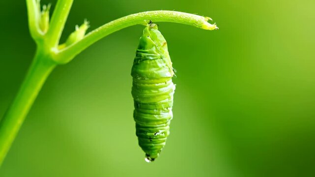 A vibrant green caterpillar, with black eye-spots, hangs suspended, attached to a curved stem, against a blurred green backdrop