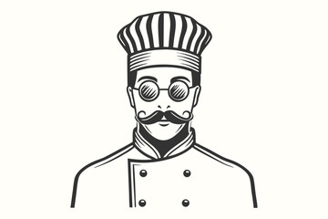 The monochrome chef with stylish glasses and mustache is wearing a toque blanche