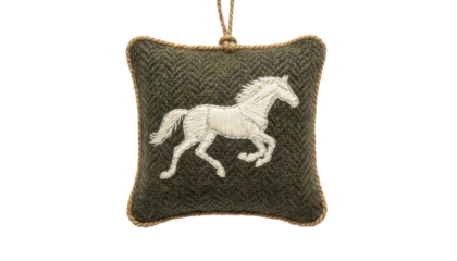 Decorative Pillow With Embroidered Horse, Green Tweed