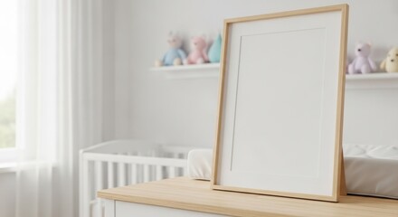 Elegant nursery mockup featuring a wooden frame on a dresser with soft toys and a crib in the