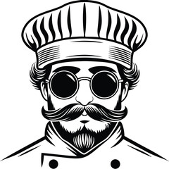 Retro chef with mustache and round glasses wears traditional hat in black and white