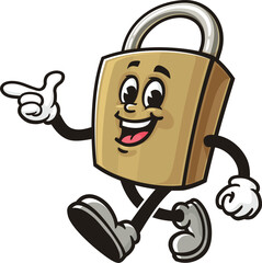Cartoon padlock mascot is walking and finds an idea