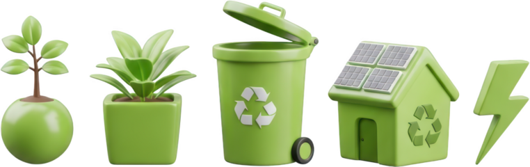 A row of stylized green icons represents a plant in a round pot a plant in a square pot a recycling bin with a lid open a house with solar panels on the roof and a lightning bolt symbol