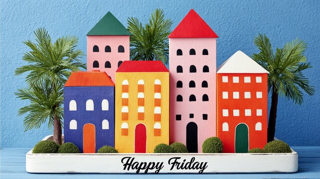 Colorful display of houses with palm trees and a sign that says Happy Friday. The houses are made of paper and the palm trees are fake