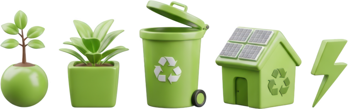 A row of stylized green icons represents a plant in a round pot a plant in a square pot a recycling bin with a lid open a house with solar panels on the roof and a lightning bolt symbol