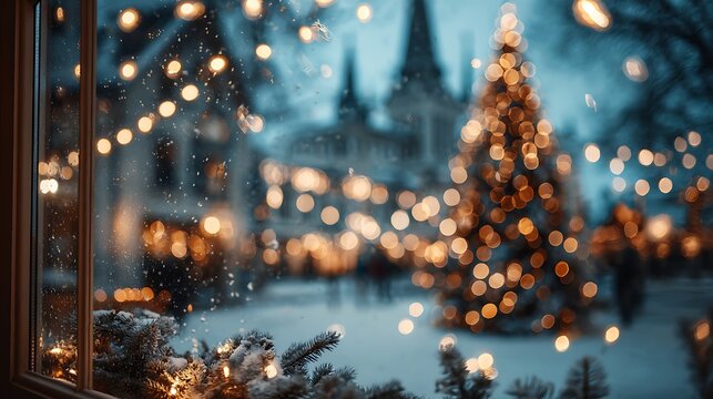 Cozy view of festive christmas tree through a snowy window pane
