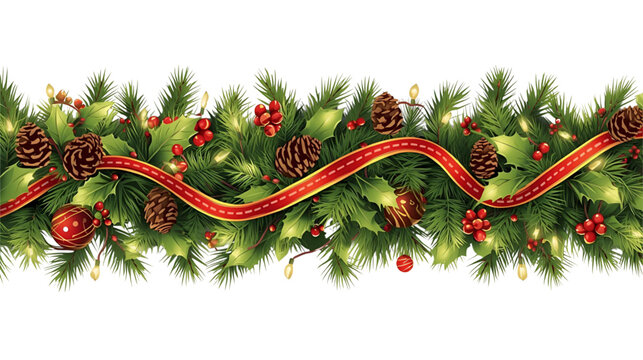 Festive christmas garland with pine cones, holly, berries, ribbon and string lights