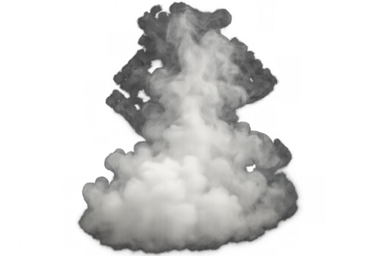 White dense smoke or vapor cloud rising, bursting, or flowing, creating a realistic effect on a transparent background
