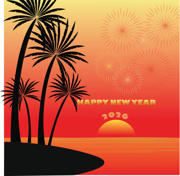 sunset beach silhouette with palm trees and fireworks for new year 2026