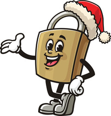Cartoon mascot of a padlock wearing a Christmas hat