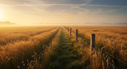 Field of golden wheat glows in the morning sun, leading to the distant horizon