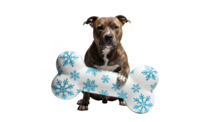 Brindle Pitbull Holding Snowy Bone Pet Toy on White Backdrop