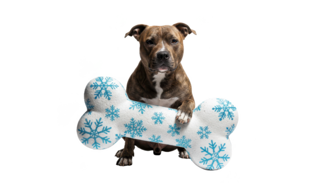 Brindle Pitbull Holding Snowy Bone Pet Toy on White Backdrop