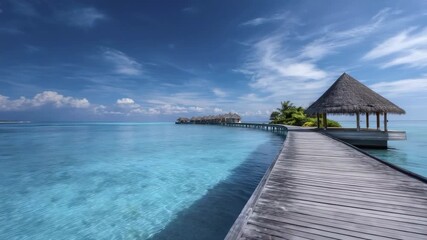 A wooden pier curves over a calm turquoise sea leading to overwater bungalows under a vast blue sky with wispy clouds - Powered by Adobe