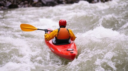 Red Kayak Whitewater Ride Adventurer Paddling Through Raging River Rapids, kayaking , adventure