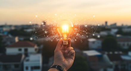 Innovative technology concept with glowing lightbulb and digital network for modern business solutions and brilliant ideas