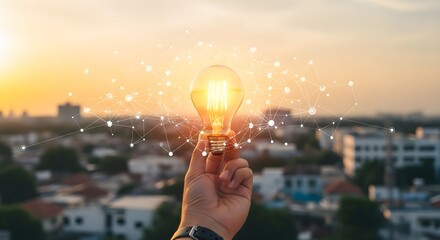 Innovative technology glowing with bright future held in hand over city at sunset inspires creative ideas and digital solutions