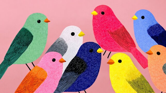 Colorful group of birds are sitting together on a pink background. The birds are of different colors and sizes, and they are all facing the same direction
