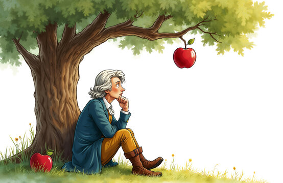 Isaac Newton under an apple tree thoughtfully observing apple for scientific discovery and gravity concept illustration