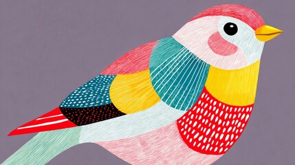 Colorful bird with a red beak and yellow eyes. The bird is sitting on a purple background