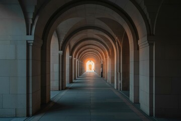 Fototapeta premium Medieval stone corridor in an ancient European church cloister with column architecture and natural light