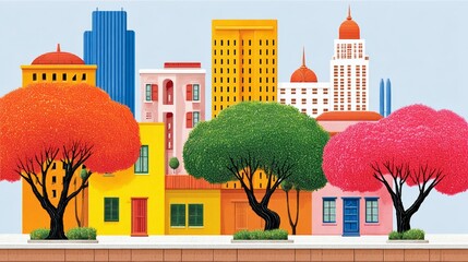 Colorful cityscape with a street full of houses and trees. The trees are in various colors, including red, green, and yellow. The houses are also colorful, with some being pink