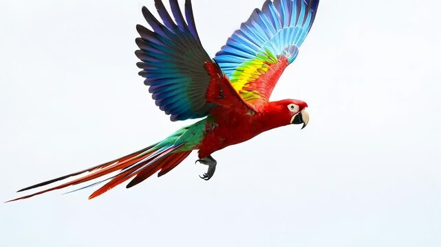 Colorful macaw parrot in flight clear sky