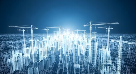 Modern city skyline construction with cranes against a blue background creates a futuristic, innovative urban development concept