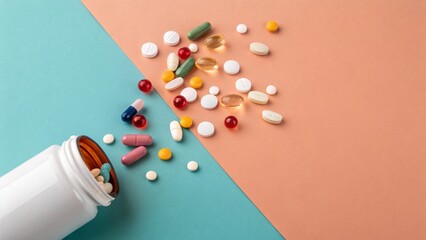 Assorted medication pills and capsules spilling from bottle