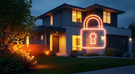 Secure modern home with glowing lock offers peace of mind and protection for family and property at night