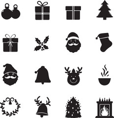 Naklejka premium Christmas icon grid with gifts, trees, Santa, reindeer, bells, wreath, stocking, and holiday silhouettes