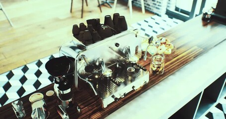 A gleaming coffee machine is positioned on a wooden counter in a stylish cafe, surrounded by cups and pastries, inviting patrons to enjoy their favorite brews in a welcoming space.