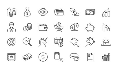 Financial and Money Investment related icon set - Editable stroke, Pixel perfect at 64x64
