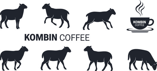 Sheep silhouette vector, coffee brand logo, grazing sheep icons, rustic farm animals, steaming cup graphic, KOMBIN COFFEE design, minimalist artwork