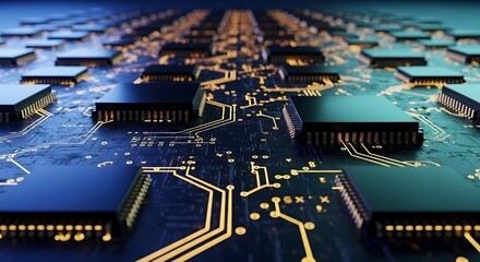 Futuristic motherboard design showcasing interconnected circuits for high tech data processing applications and digital innovation